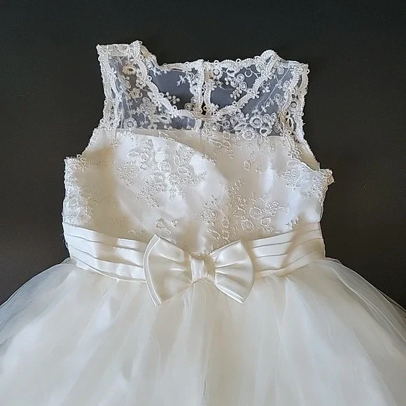 Tahari Girl Tea Length Flower Girl Dress 6X White Embroidered Lace Tulle Wedding - Picture 3 of 14